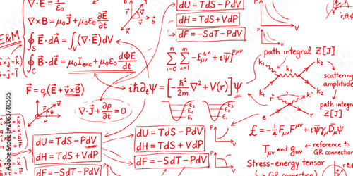 Bild auf Leinwand Complex physics and mathematics formulas handwritten on a whiteboard for educati