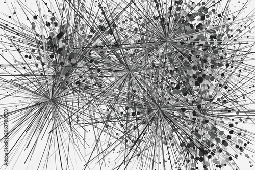 A complex black and white vector illustration of intersecting lines and dots, resembling a network or abstract connections on a plain white background.