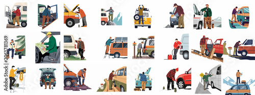 Fotografie A comprehensive set of illustrations depicting diverse outdoor adventures, van life activities, and road trip experiences with various vehicles and travelers