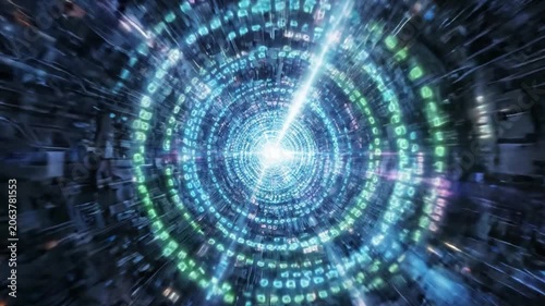 A Dynamic Journey Through an Infinite Space of Light and Digital Code Representing Data Transfer and Tech Innovations