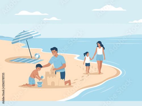 A happy family enjoys a sunny day at the tropical beach
