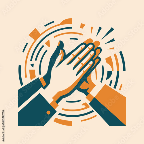 Two hands are clapping in a stylized retro graphic design