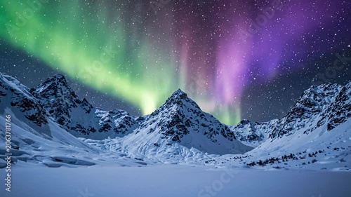 Breathtaking Winter Wonderland: A Serene Landscape of Snow-Capped Mountains Under a Starry Sky with Beautiful Northern Lights Displaying Vibrant Colors