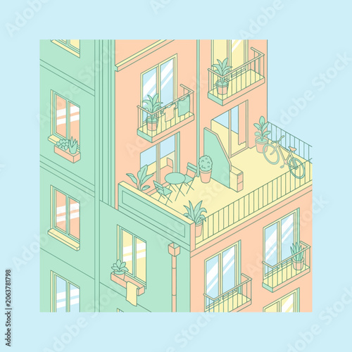 Pastel isometric illustration of a modern apartment building