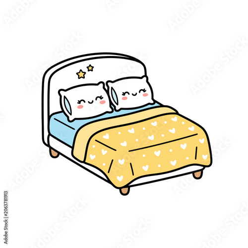 A cute cartoon double bed with two smiling pillows