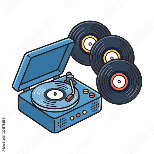 A blue vintage record player with three vinyl records