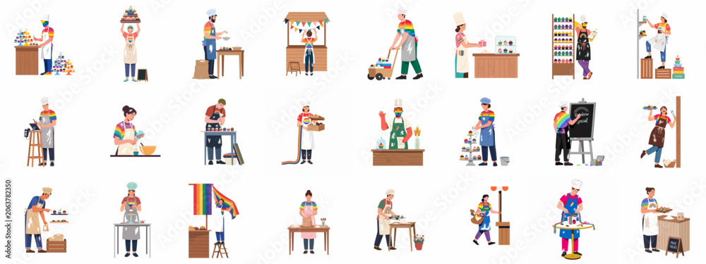Fototapeta premium Diverse chefs and bakers celebrating pride month by preparing rainbow-themed desserts and setting up bakery stalls in a flat vector illustration collection.