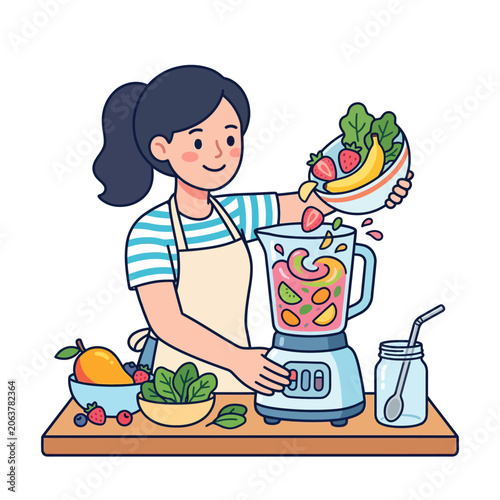 A woman prepares a healthy green smoothie with a blender