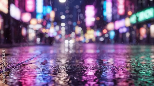 Nighttime Urban Scene with Colorful Neon Reflections on Rainy Pavement, Highlighting the Beauty and Atmosphere of a Wet Cityscape