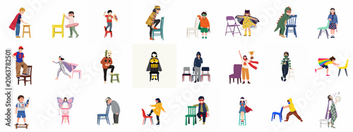 Schilderij op canvas Diverse children in various costumes playing and posing with different types of chairs, fostering imagination and creative roleplay in a flat vector style