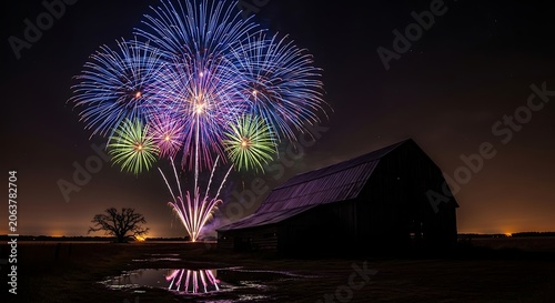 Vibrant Colorful Fireworks Display Over a Rustic Barn Silhouette at Night.