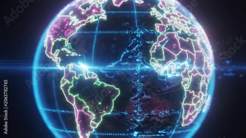 Dynamic Visualization of a Glowing World Map Featuring a Neon Representation of Continents with Enhanced Details and Geographical Borders Highlighted
