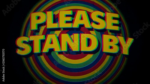 Retro please stand by title card on a colorful hypnotic background