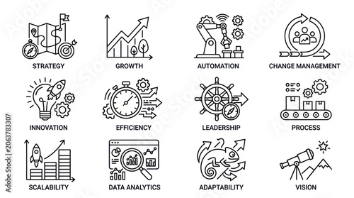 Fotografía Business strategy and growth concepts illustrated through various office and technology icons