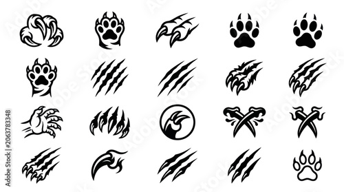 Foto Various animal claw marks and paw prints are shown in black.