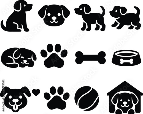 A collection of black silhouette icons featuring dogs in various poses, paw prints, bones, a bowl, ball, and a kennel, isolated on a white background.