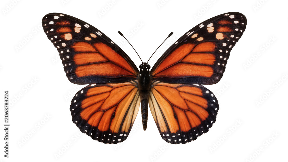Fototapeta premium Monarch butterfly with orange and black wings and white spots