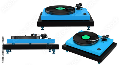 Set of colorful vinyl record players with black tonearms and vinyl records, isolated on white background, concept of music