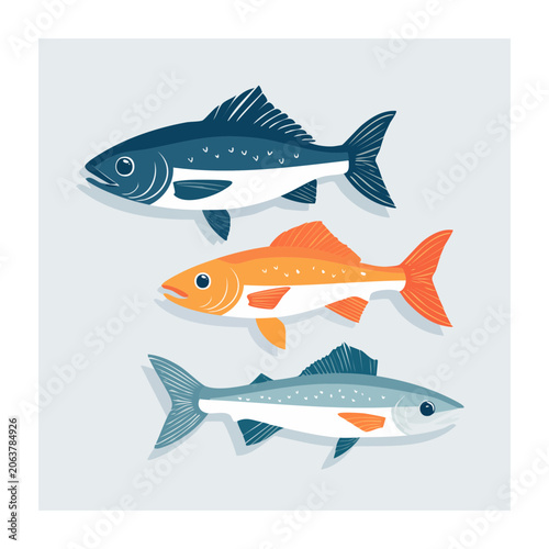 Three colorful fish in flat design illustration