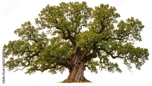 Massive ancient oak tree with thick gnarled trunk and lush green canopy