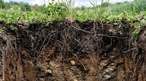 A cross-section view of soil with roots and plants in a natural landscape setting