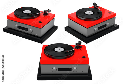 Set of modern turntables with integrated amplifiers, placed on wooden stands, isolated on white background. Concept of retro music