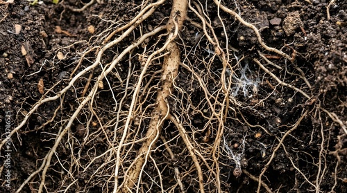 A close-up view of roots growing in dark soil with dirt and debris