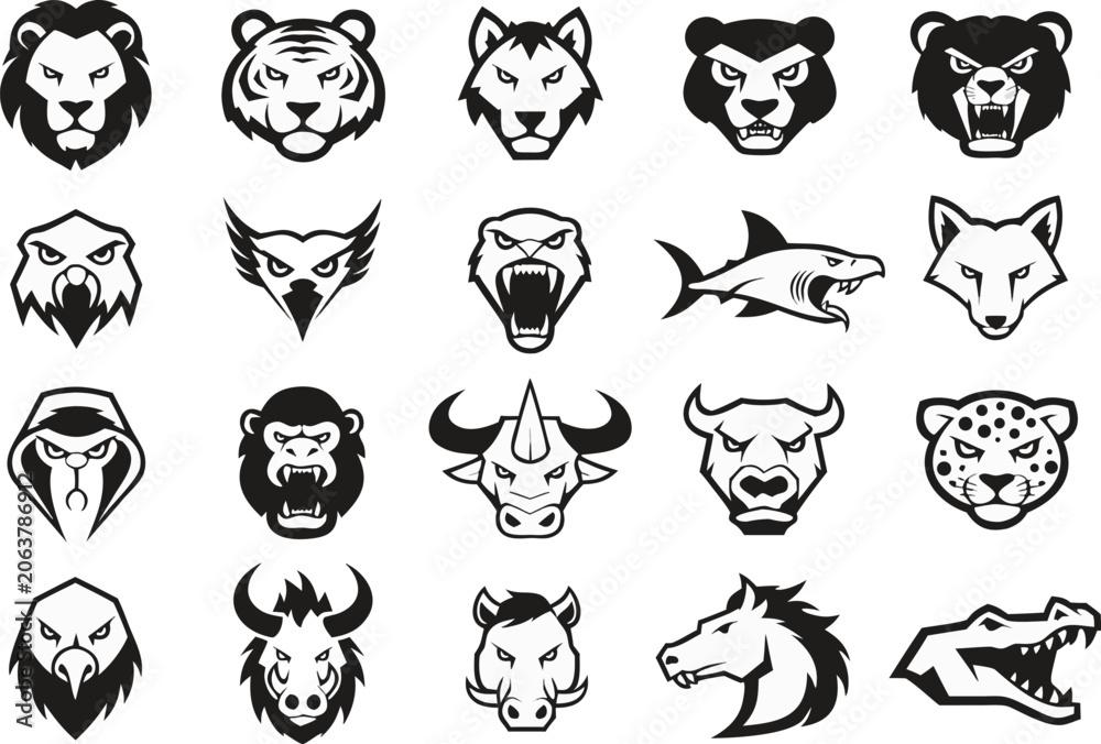Obraz premium Set of wild animal head logos and vector icons isolated on transparent background, Vector