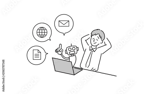 AIアシスタントによる業務効率化を表すビジネスイラスト
