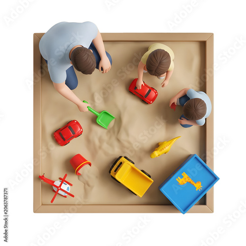 Family playing in a sandbox with toys
