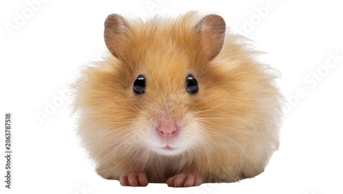 Fényképezés Fluffy golden hamster with big black eyes and pink nose