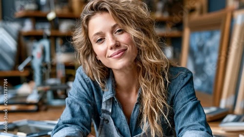 Artist's Creative Haven: A beautiful artisan with wavy blonde hair and a denim shirt smiles confidently, surrounded by her artistic tools and creations in a sunlit studio.