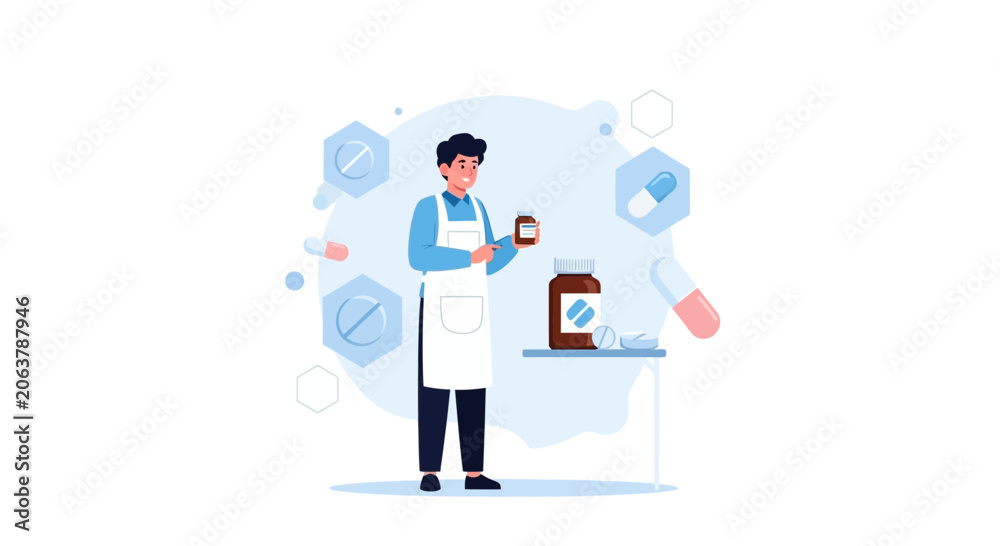 Naklejka premium Pharmacist with Medication Bottles and Pills, Healthcare and Pharmacy Concept Illustration