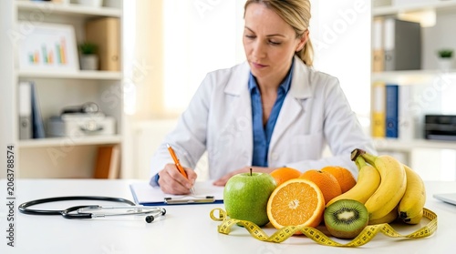 Female nutritionist writing diet plan with fresh fruits.