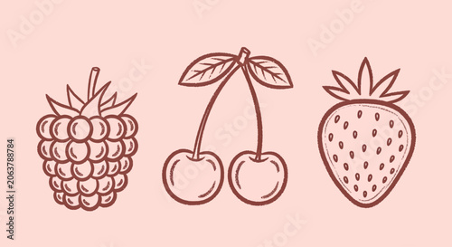 Fresh fruit icons, berry and cherry illustrations, healthy food concept, background