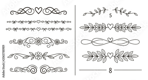 Vintage floral borders and heart designs, elegant line art, decorative frames