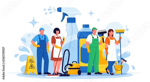 Cleaning services team with janitors and equipment, cleaning concept, business background