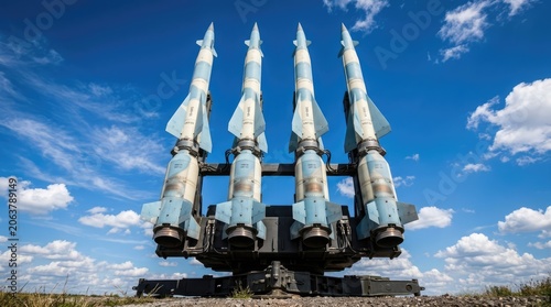 Four military missiles mounted on a launch pad