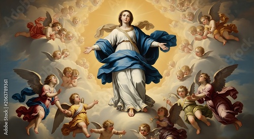 Classical Christian Religious Artwork of the Assumption of the Blessed Virgin Mary Surrounded by Angels and Heavenly Clouds