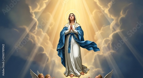 Assumption of the Blessed Virgin Mary Ascending into Heaven Surrounded by Divine Light, Clouds and Angels Christian Religious Illustration