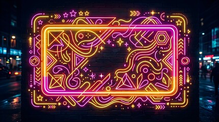 Vibrant neon sign featuring abstract geometric patterns and glowing lines displayed on a dark brick wall during the night time