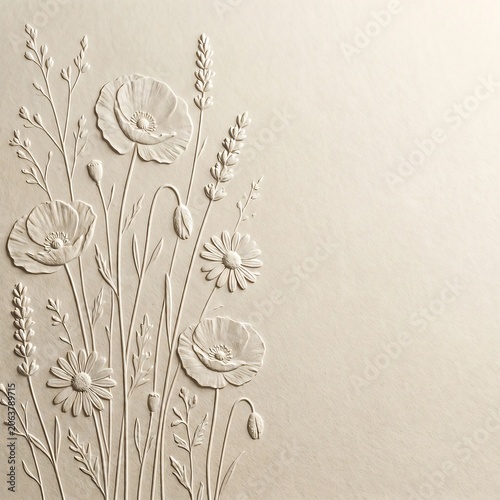 Elegant Beige Handmade Paper Texture With 3D Embossed Wildflower Relief