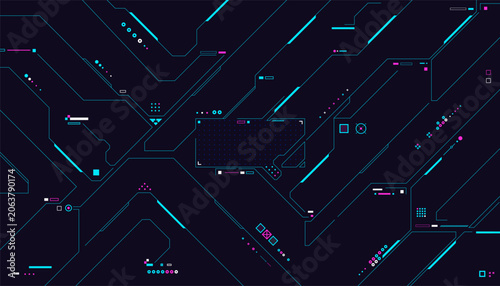 Futuristic Cyberpunk HUD Background, Neon Tech Circuit Interface Pattern, Sci-Fi Tactical Vector with Copy Space