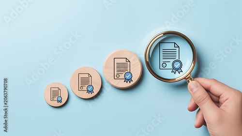 Business optimization, workflow management, productivity icons, magnifying glass, efficiency analysis