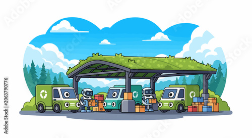 Robots and electric vehicles at a green charging station.