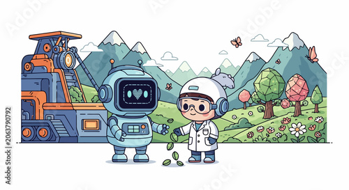 Robot and scientist planting seeds in a natural landscape.