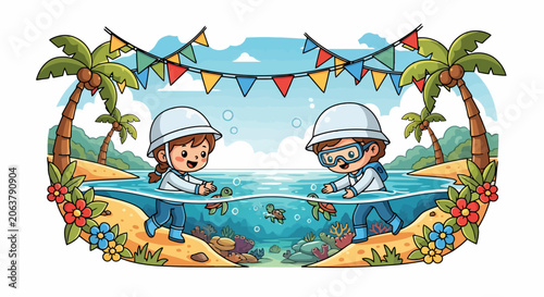 Two cartoon children wearing hard hats exploring underwater life.