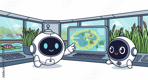 Two cute robots in a control room looking at a map.