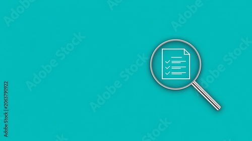 Magnifying glass, document icon, search symbol, teal background