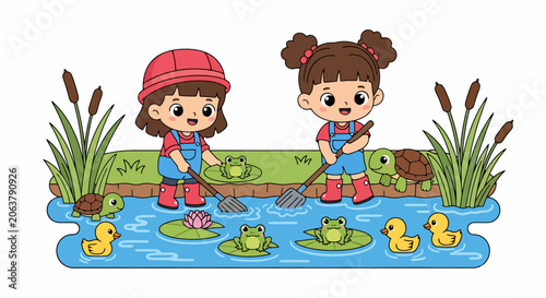 Two cartoon girls fishing for frogs and ducks in a pond.